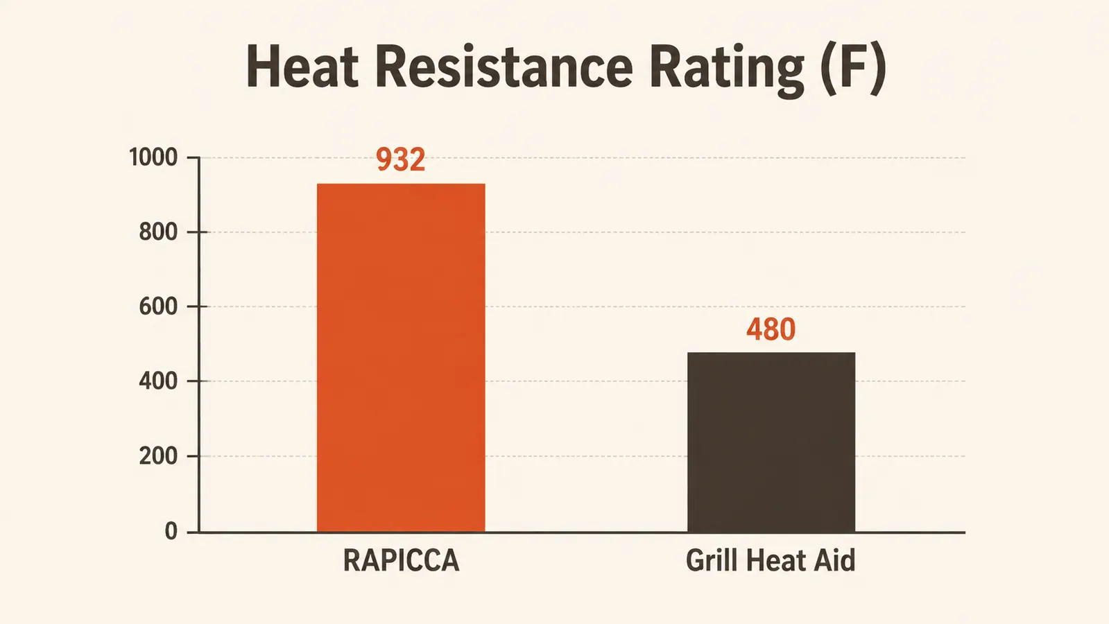 Bar chart comparing heat resistance rating in degrees Fahrenheit between RAPICCA and Grill Heat Aid gloves