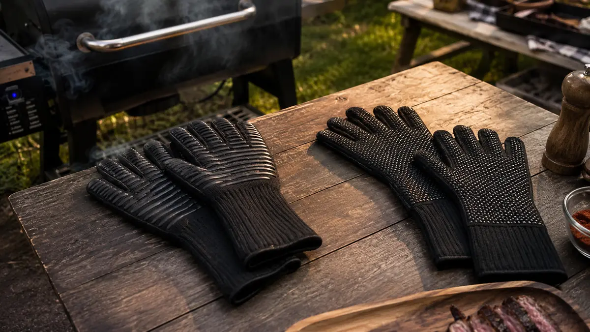Two pairs of heat-resistant grill gloves laid side by side on a wooden picnic table next to a smoking pellet grill